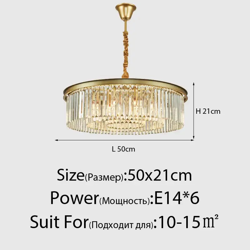 DecorBites crystal ceiling chandelier with gold-toned frame, cascading clear crystal prisms, and twisted brass chain