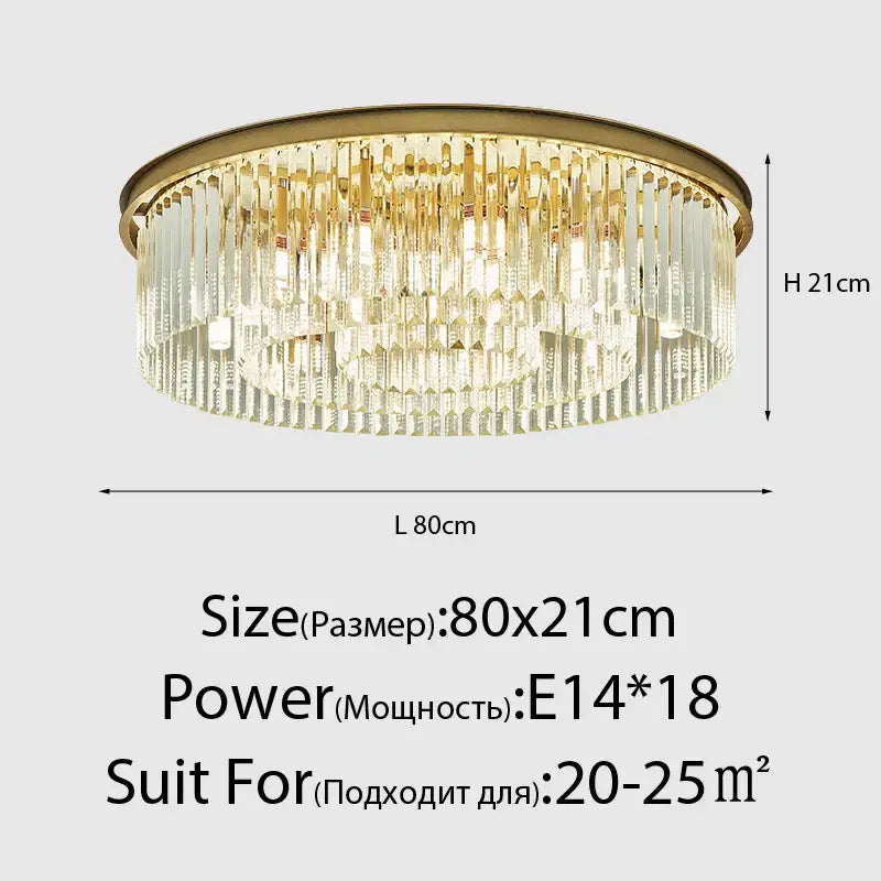 Gold-toned decorbites crystal ceiling chandelier with cascading clear crystal rods and circular brass frame for living room