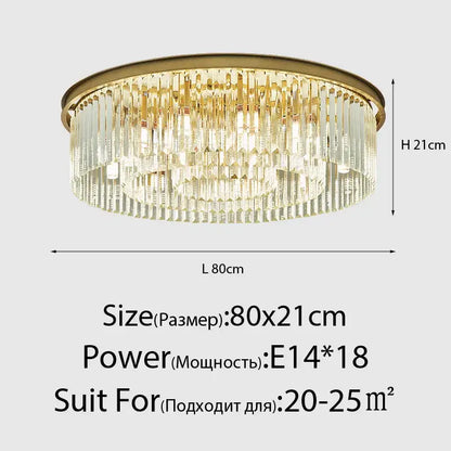 Gold-toned decorbites crystal ceiling chandelier with cascading clear crystal rods and circular brass frame for living room