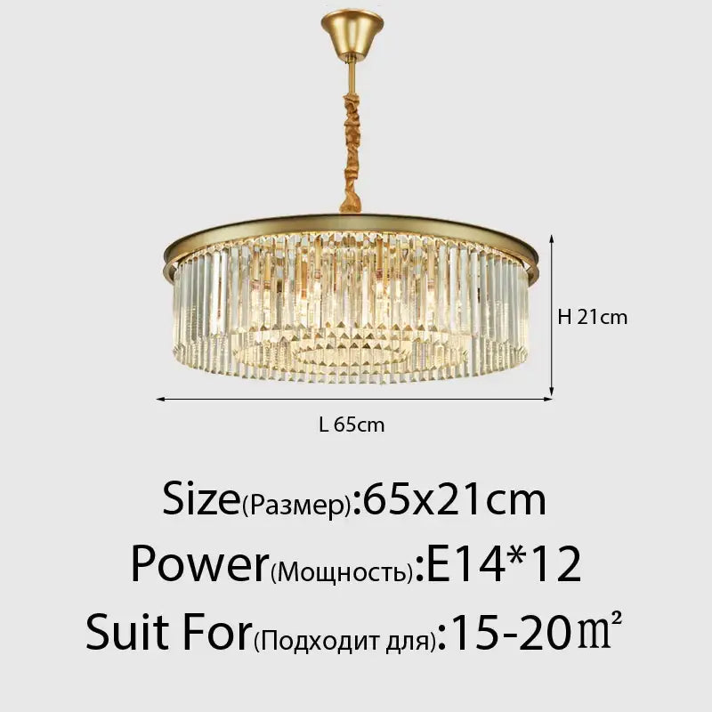 Gold-toned DecorBites crystal ceiling chandelier with cascading clear crystal prisms and twisted brass chain for living room