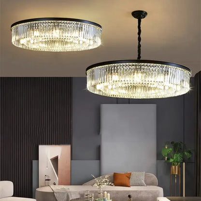 Two elegant decorbites crystal ceiling chandeliers with black metal frames and clear glass prisms for living rooms