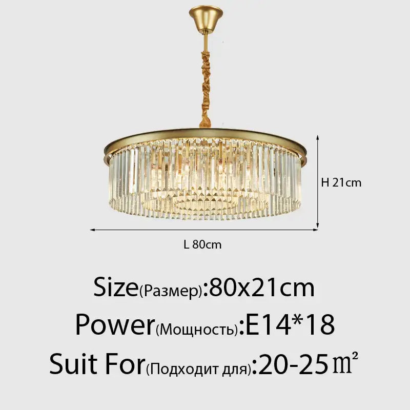 Gold-toned decorbites crystal ceiling chandelier with circular frame and hanging crystal rods for living dining room