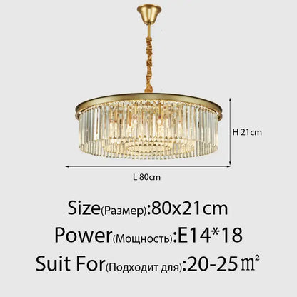 Gold-toned decorbites crystal ceiling chandelier with circular frame and hanging crystal rods for living dining room