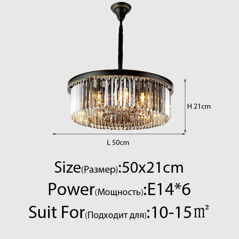 DecorBites crystal ceiling chandelier with black metal frame and clear crystal prisms for living and dining room lighting