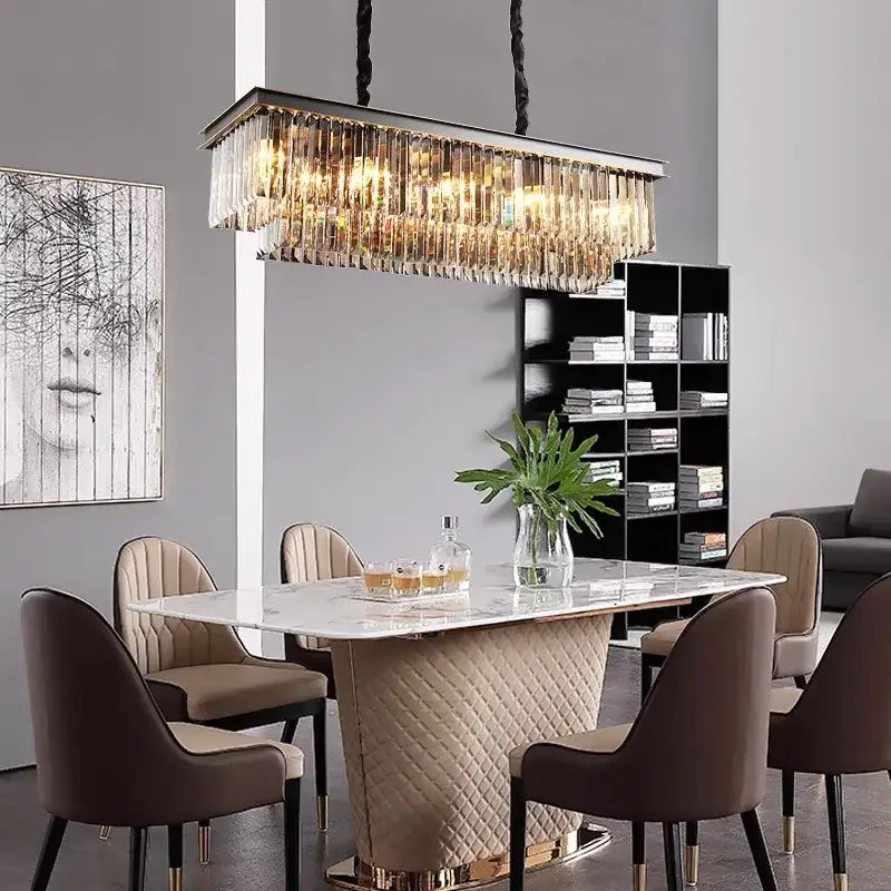 DecorBites crystal ceiling chandelier with cascading clear crystal prisms and sleek metallic frame for living room