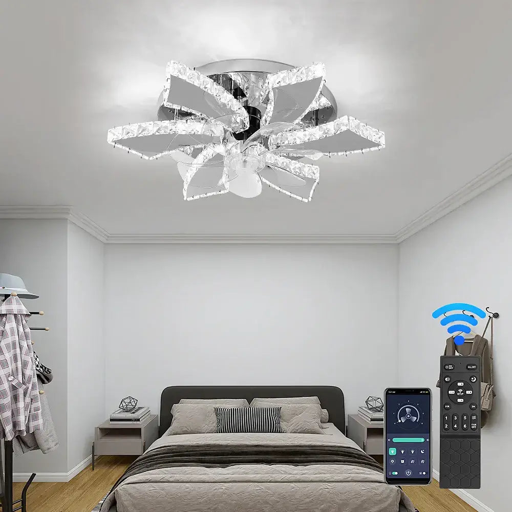 Crystalline flower-shaped crystal ceiling fan with chrome base and clear faceted crystal petals for bedroom and living room