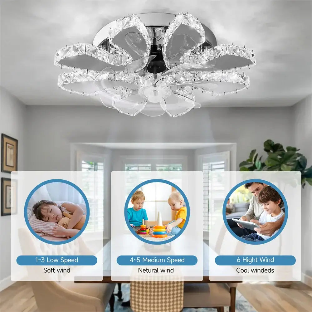 DecorBites™ crystal ceiling fan with flower-shaped crystal design and chrome accents for bedroom and living room use