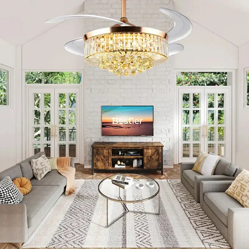 A modern DecorBites crystal ceiling fan with rose gold finish and cascading golden crystal chandelier for bedroom use