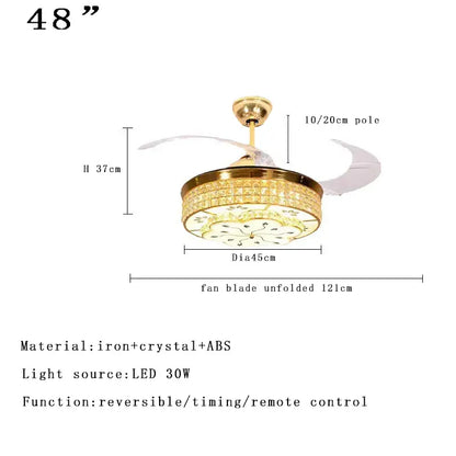 Gold-toned decorbites crystal ceiling fan with crystal-encrusted light and translucent white blades for bedroom or living room
