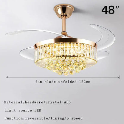 DecorBites crystal ceiling fan with 48-inch clear acrylic blades and gold-toned hardware for bedroom or living room use