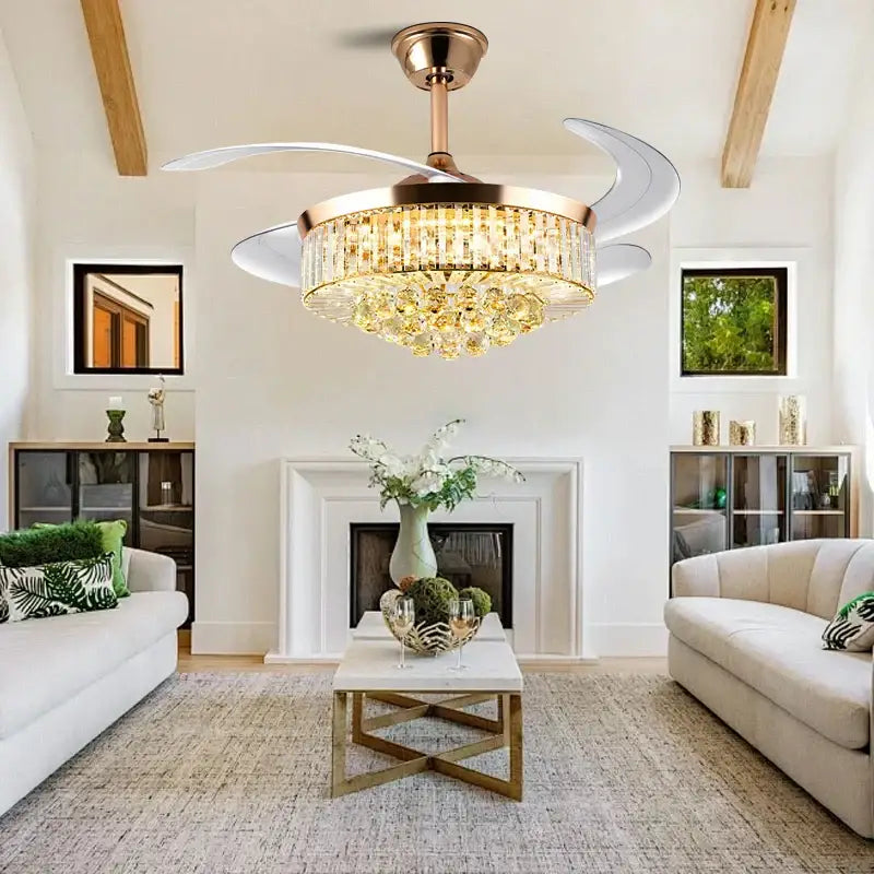 A modern decorbites crystal ceiling fan with rose gold finish and elegant crystal chandelier design for bedroom use