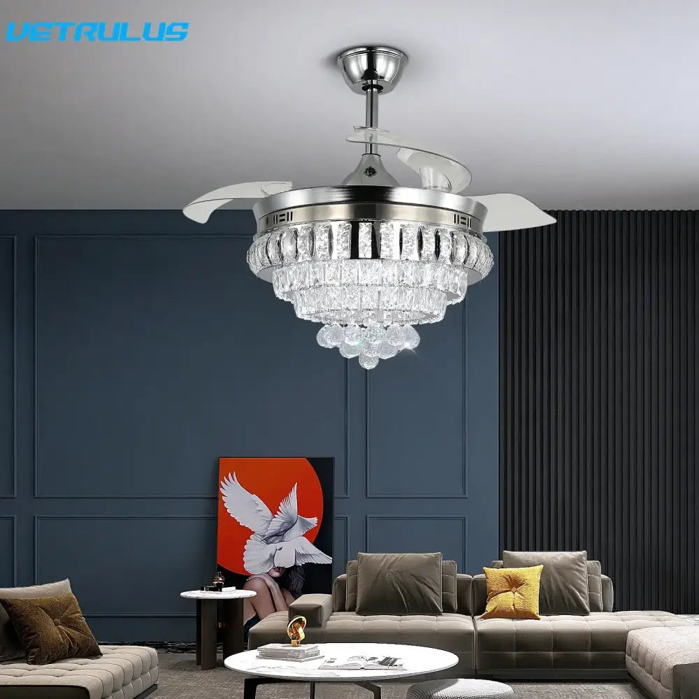 Silver and clear crystal multi-tiered DecorBites crystal ceiling fan with LED light and remote control