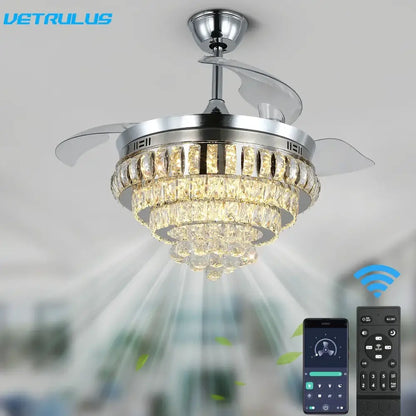 DecorBites crystal ceiling fan with remote control featuring four translucent blades and integrated crystal chandelier lighting