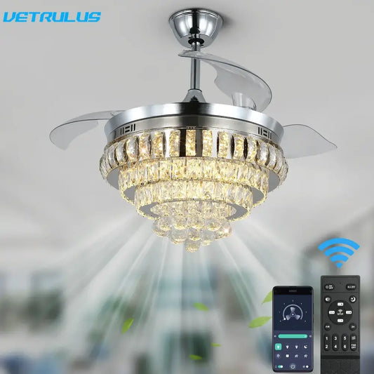 DecorBites crystal ceiling fan with remote control featuring four translucent blades and integrated crystal chandelier lighting