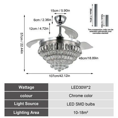 Chrome finished DecorBites crystal ceiling fan with integrated LED light and remote control featuring chandelier accents