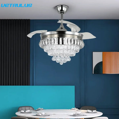 Silver and clear crystal decorbites crystal ceiling fan with sleek metallic blades remote control and led light