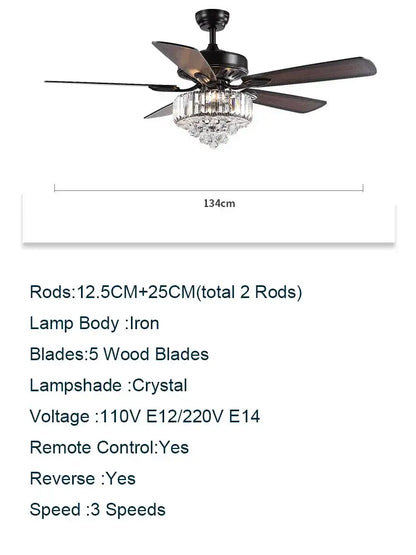 Black wrought iron decorbites crystal ceiling fan with five dark wood blades and crystal chandelier light fixture 52 inch luxury design
