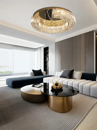 A modern DecorBites crystal ceiling lamp with two concentric faceted crystal rings and gold-toned metal accents