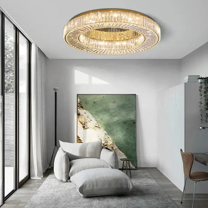 Gold-toned decorbites crystal ceiling lamp with concentric faceted crystal rings ideal for living room and bedroom decor