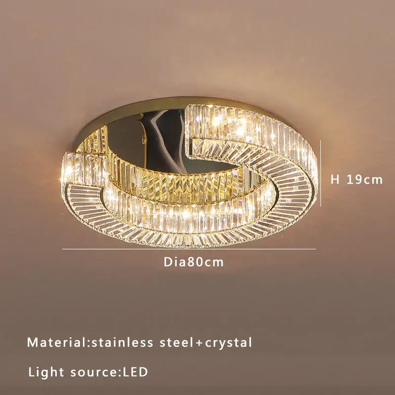 DecorBites crystal ceiling lamp with two concentric clear crystal rings and gold stainless steel frame for living rooms