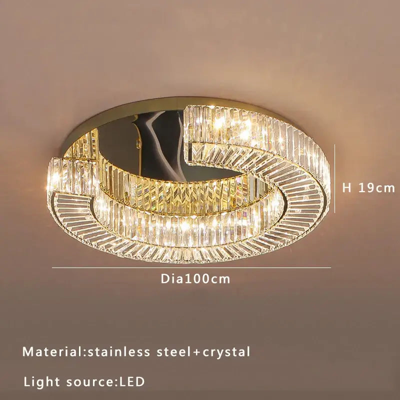 Decorbites crystal ceiling lamp with gold-toned stainless steel frame and faceted crystal rings for living room and bedroom
