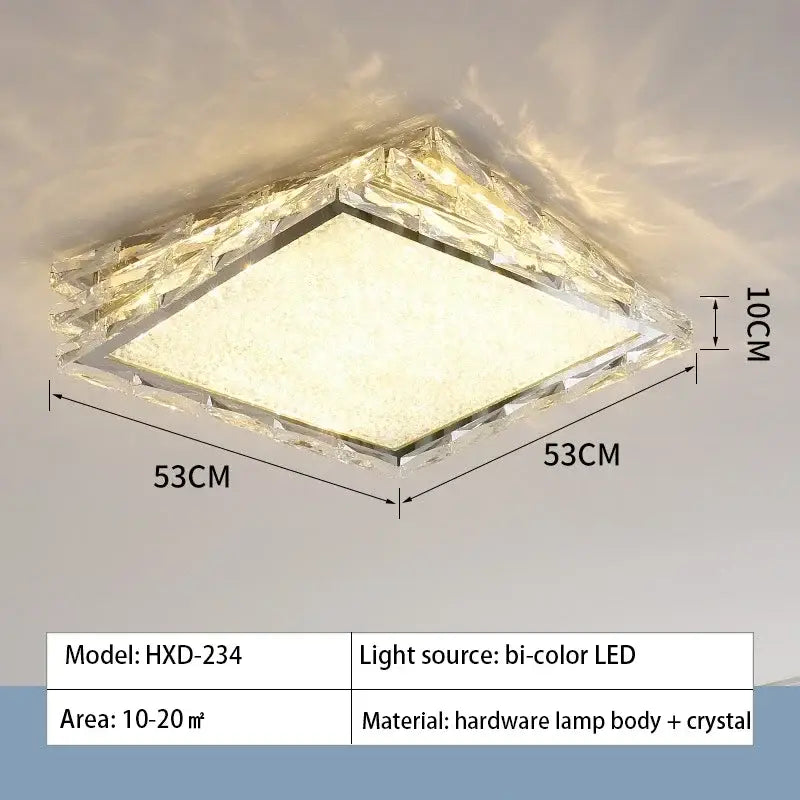 DecorBites crystal ceiling lamp with gold crystal-encrusted frame and frosted glass center featuring bi-color LED lighting
