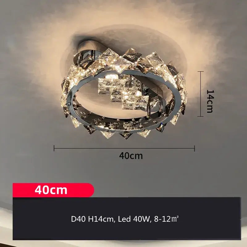 DecorBites crystal ceiling lamp with chrome finish and oval crystal accents around central LED panel for modern luxury lighting