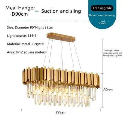 Gold-toned decorbites crystal ceiling lamp with circular metal bars and cascading prisms for modern living room lighting