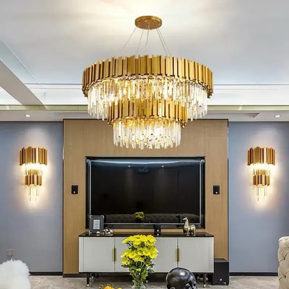 Golden decorbites crystal ceiling lamp with cascading crystal droplets and modern tiered design for living room lighting