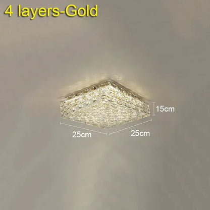 A square four-layered gold decorbites crystal ceiling lamp with textured faceted surface 25cm by 25cm for indoor use