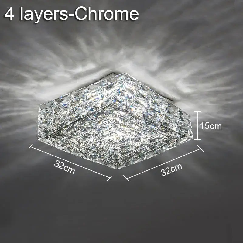 A modern decorbites crystal ceiling lamp with a chrome frame and clear crystal layers for indoor LED lighting