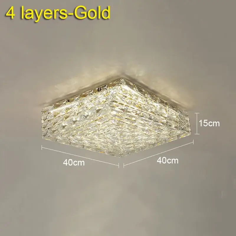 A square-shaped four-layered gold crystal ceiling lamp with a textured design for living room and bedroom lighting