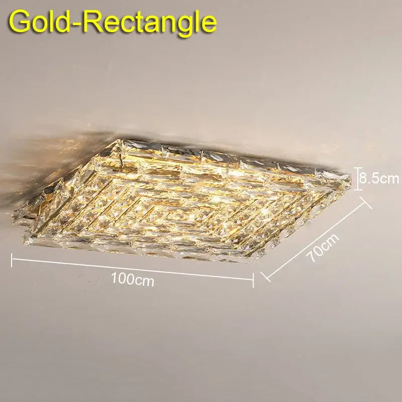 Rectangular gold-toned DecorBites crystal ceiling lamp with textured layered crystals for modern indoor lighting