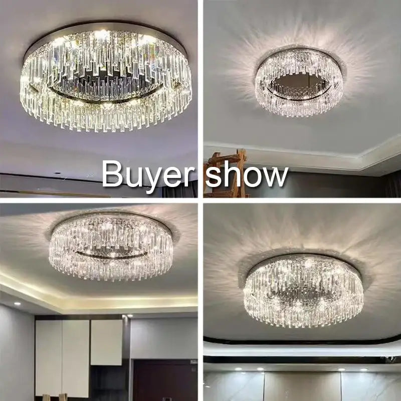DecorBites™ crystal ceiling lamp with circular design clear glass prisms and metallic accents for modern indoor lighting