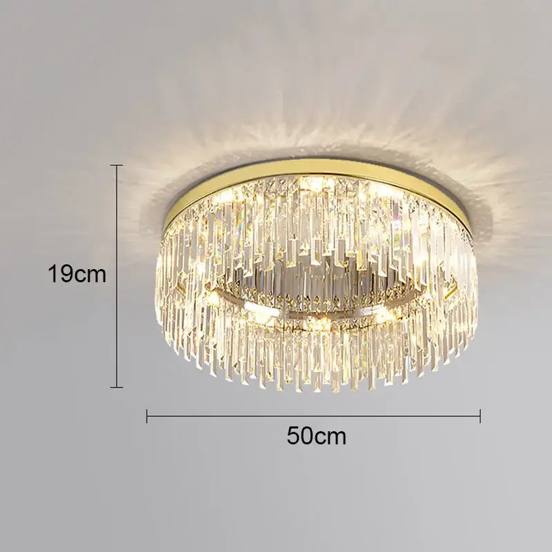 DecorBites crystal ceiling lamp with gold-toned metal frame and cascading clear crystal prisms for indoor lighting