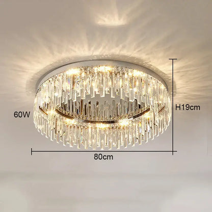 Decorbites crystal ceiling lamp with polished chrome frame and cascading clear glass prisms illuminated by 60w lights