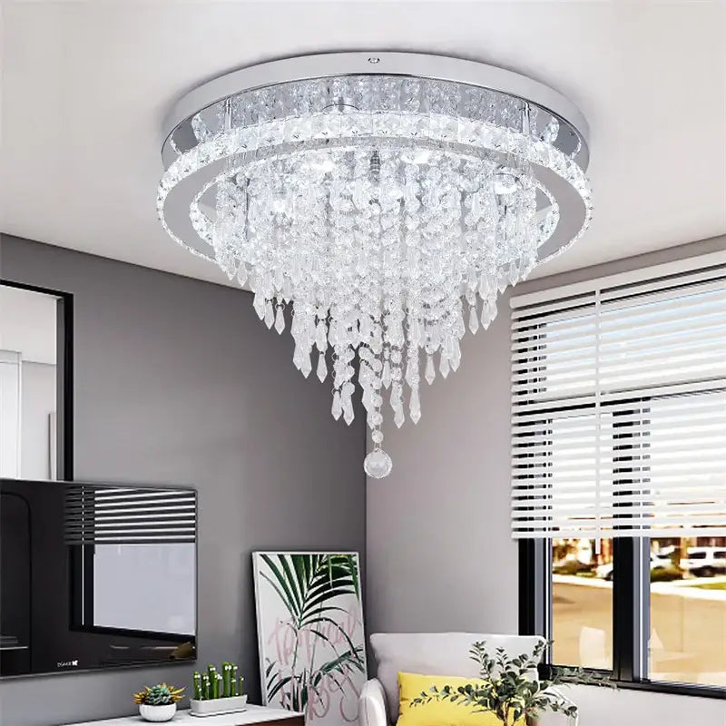 DecorBites crystal ceiling smart LED chandelier with chrome frame and cascading clear glass droplets for hanging decor