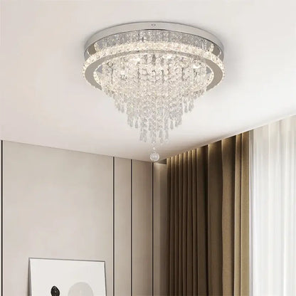 Decorbites crystal ceiling lamp featuring clear glass prisms and a sleek chrome frame with smart led remote control