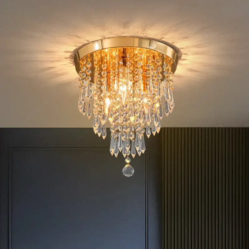 DecorBites™ crystal ceiling light with golden finish and cascading clear teardrop crystals for elegant home decor