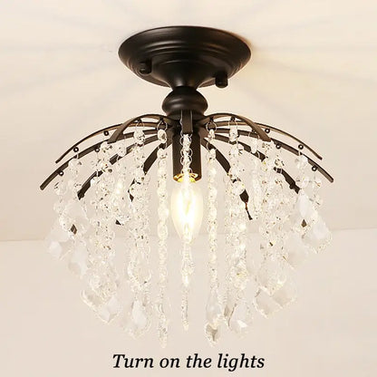 Black metal DecorBites crystal ceiling light with cascading clear crystal droplets for luxury modern home spaces
