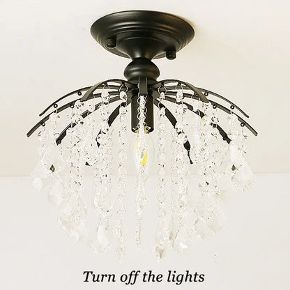 Black metal decorbites crystal ceiling light with cascading clear crystal droplets for luxury home living spaces