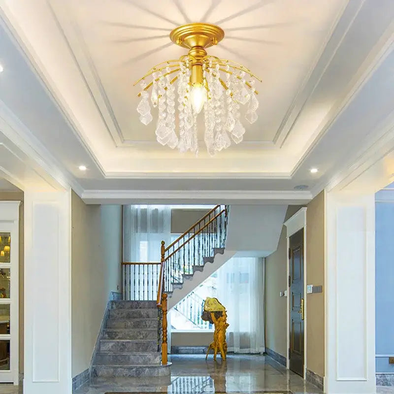 Gold-finished decorbites crystal ceiling light with dangling crystal droplets for luxury modern home living spaces