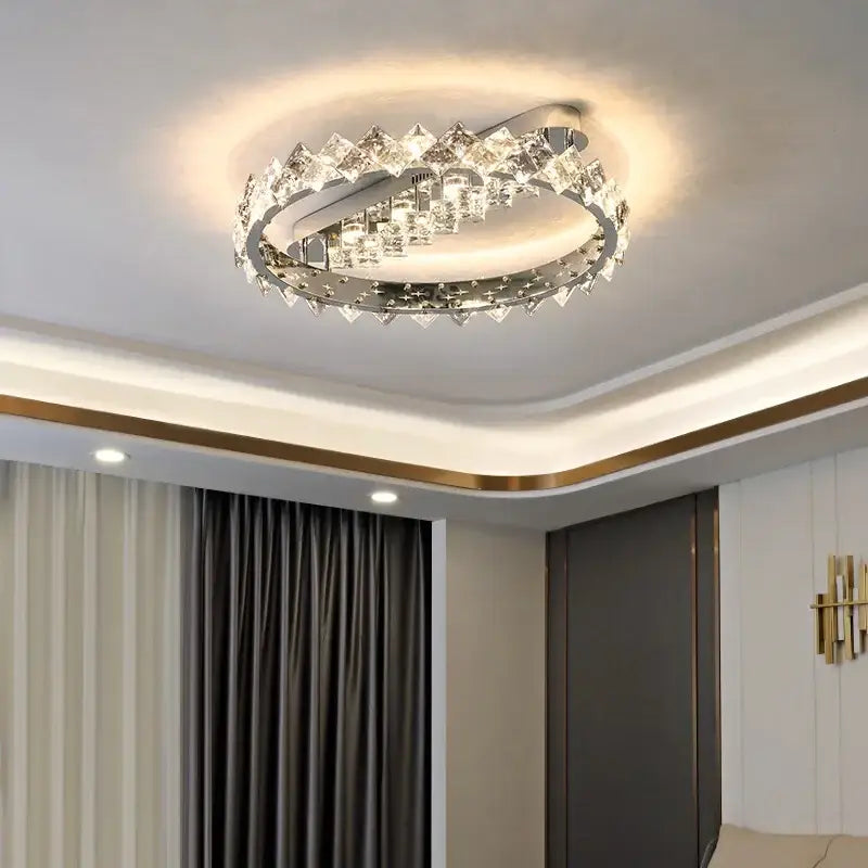 Decorbites crystal ceiling light with chrome frame and clear crystal accents for modern living room and bedroom lighting