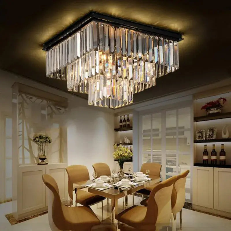DecorBites™ crystal ceiling light featuring a square crystal chandelier with a black metal frame for elegant decor