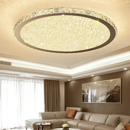 DecorBites crystal ceiling light with circular design clear crystal accents and warm golden LED illumination for living room