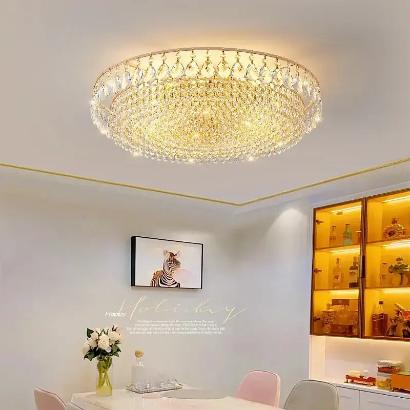 Decorbites™ crystal ceiling lights with golden frame and dangling clear crystals for master bedroom or living room