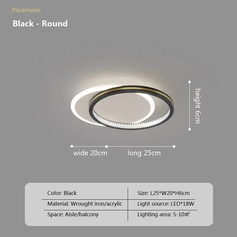 Black round LED ceiling light with modern double-ring design in wrought iron and acrylic from DecorBites crystal ceiling lights