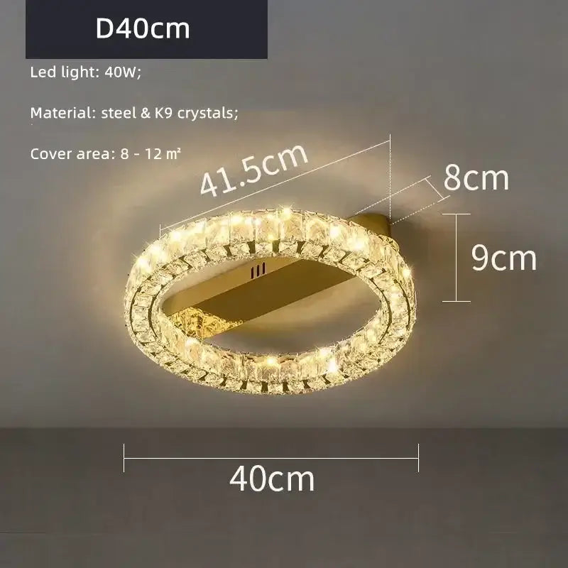 Gold-toned decorbites crystal ceiling light with double-ring k9 crystals and steel illuminated by 40w led lights