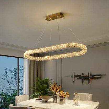 Gold-toned DecorBites crystal ceiling dimmable oval chandelier with sparkling crystal-encrusted frame for living room