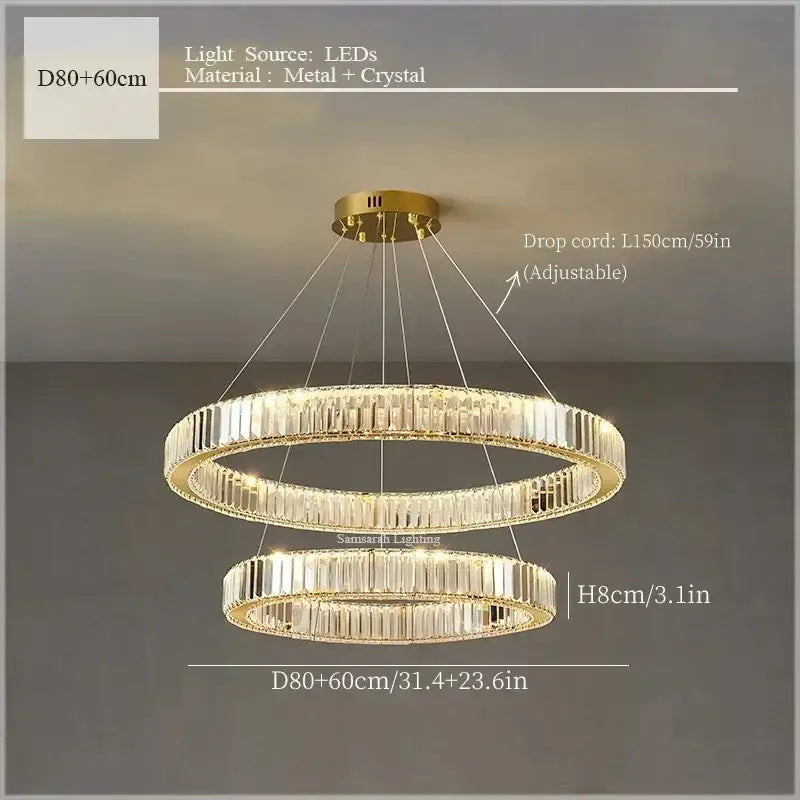 Gold-toned decorbites crystal ceiling double-ring chandelier with clear crystal accents and led lighting for luxury room decor